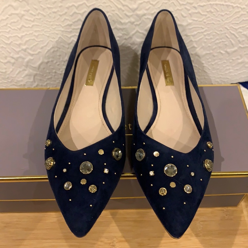 Blue suede jeweled flats.